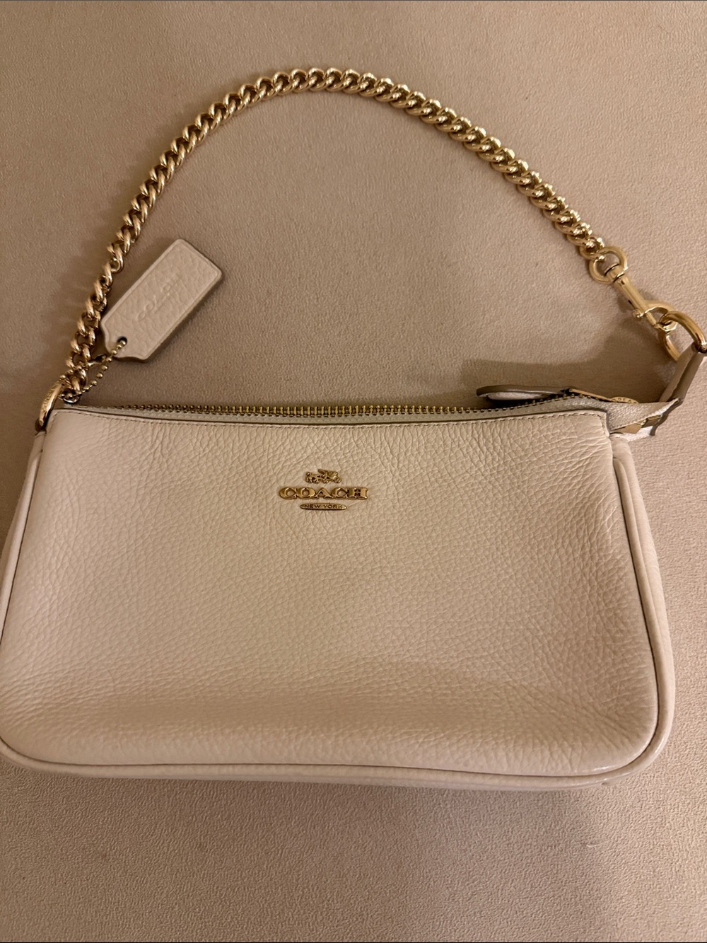Coach Nolita 19 Pebbled Leather Shoulder Bag in Cream with Gold Chain